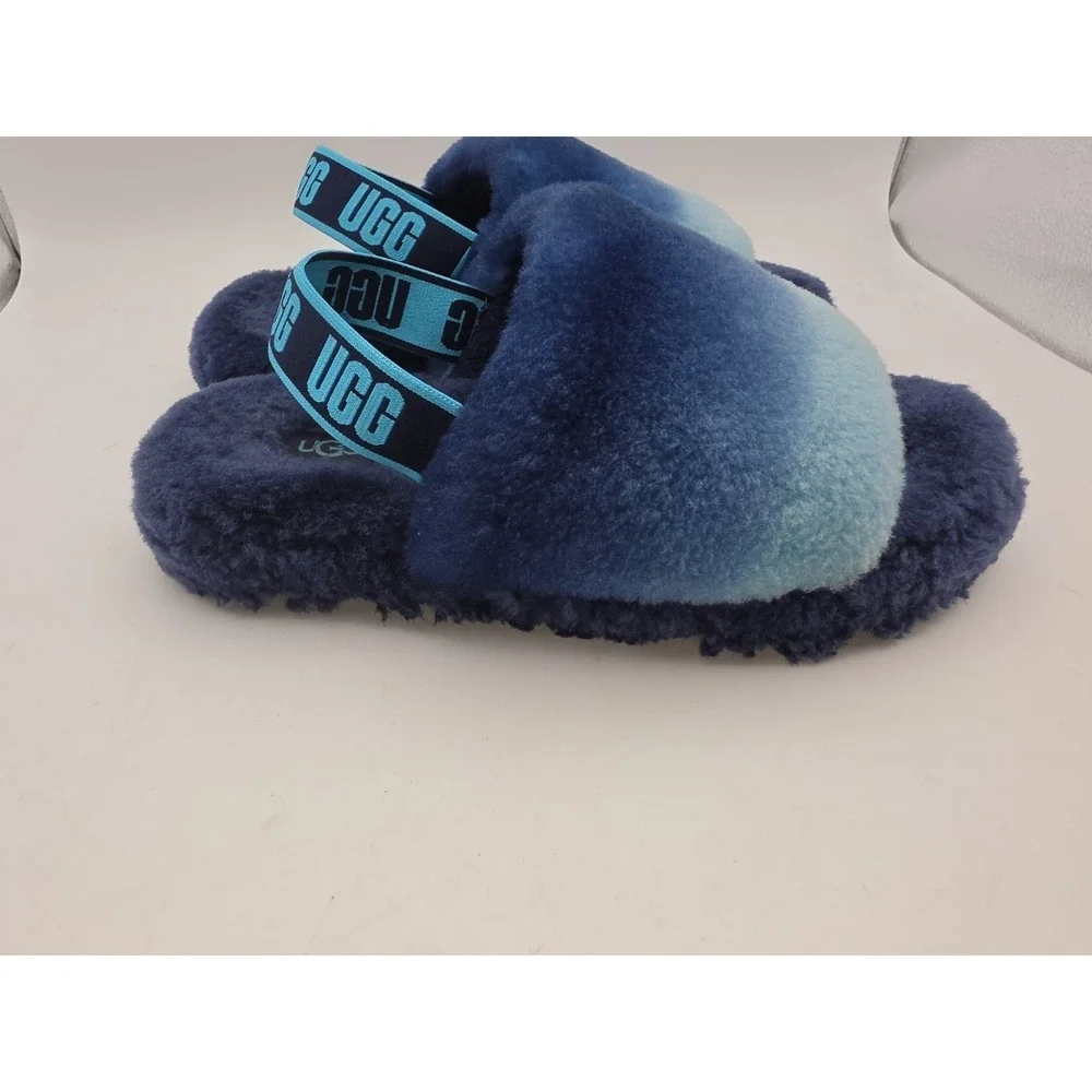 Women UGG Fluff Slides Bright Blue Slipper Size 4 w/ Straps